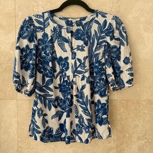Christian Siriano Blue White Floral Linen Blend Puff Sleeve Blouse Size S